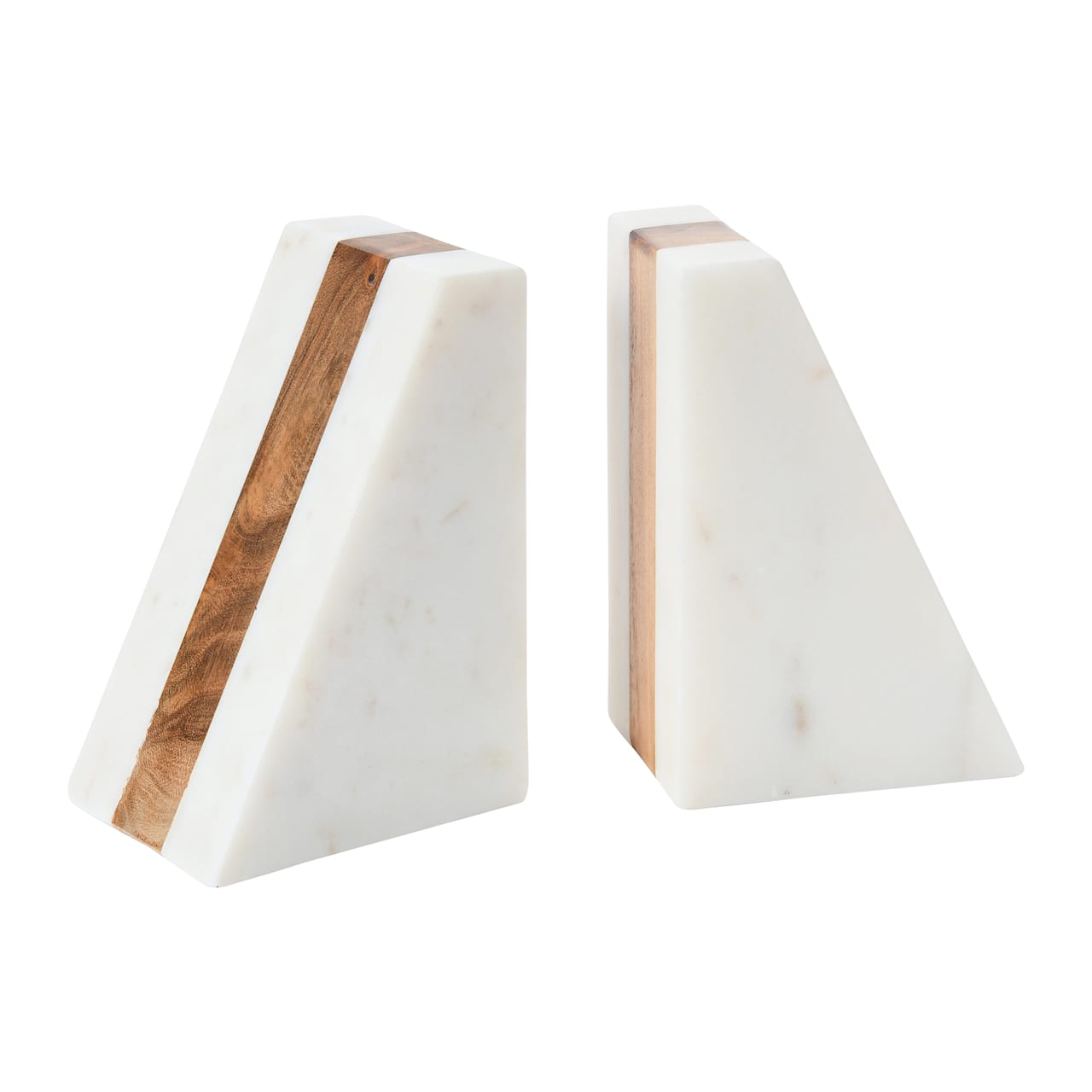 Hello Honey® 6" White Marble Geometric Bookends with Wood Inlay